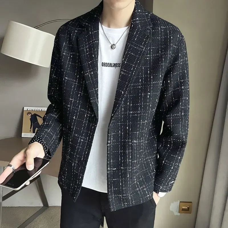 2024 New Spring Autumn Male Fashion Large Size Jacket One Button Short Trench Coat Men Korean Style Casual Loose Plaid Suit