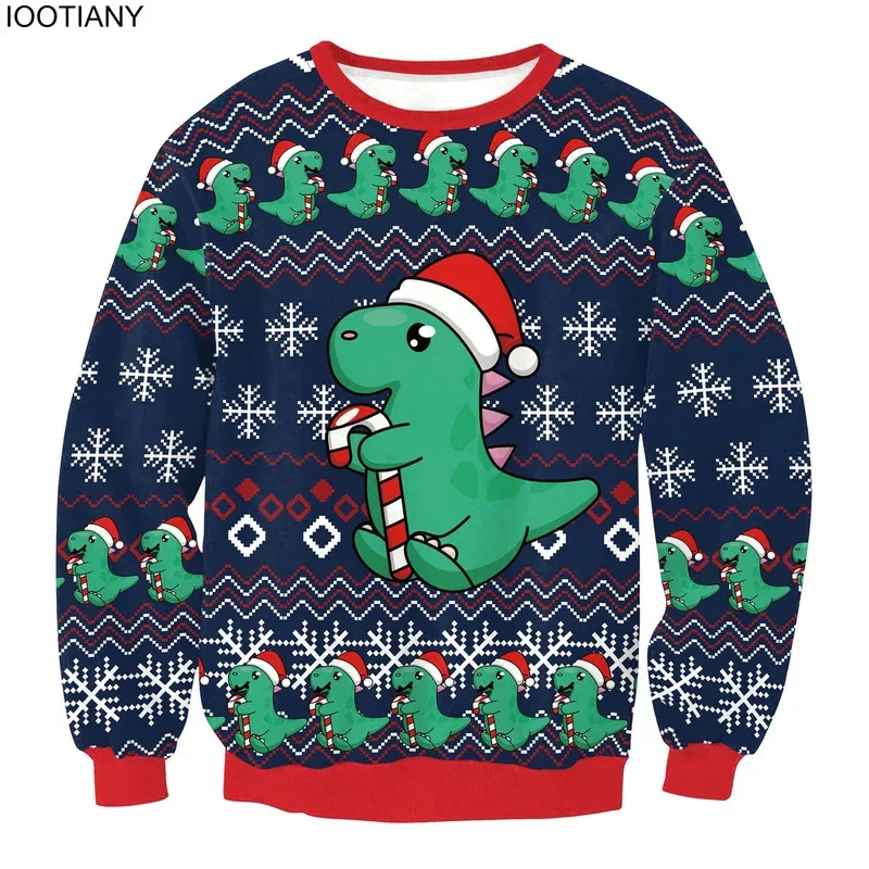 IOOTIANY Men Autumn Party Holiday Pullovers 3D Printed Loose Sweatshirts Top Funny Cute Cartoon Dinosaur Ugly Christmas Sweater