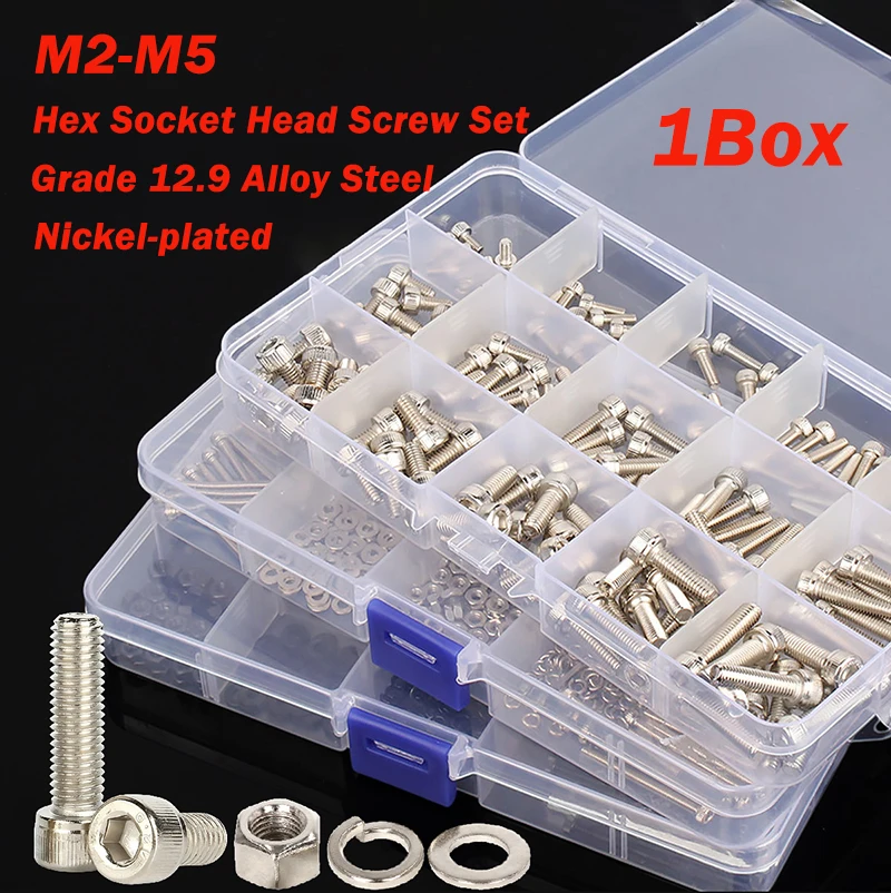 

1-Box M2-M5 Alloy Steel Grade 12.9 Nickel-plated Hexagon Hex Socket Head Cap Allen Bolt Screw Set Screw&Nut&Spring/Flat Washer