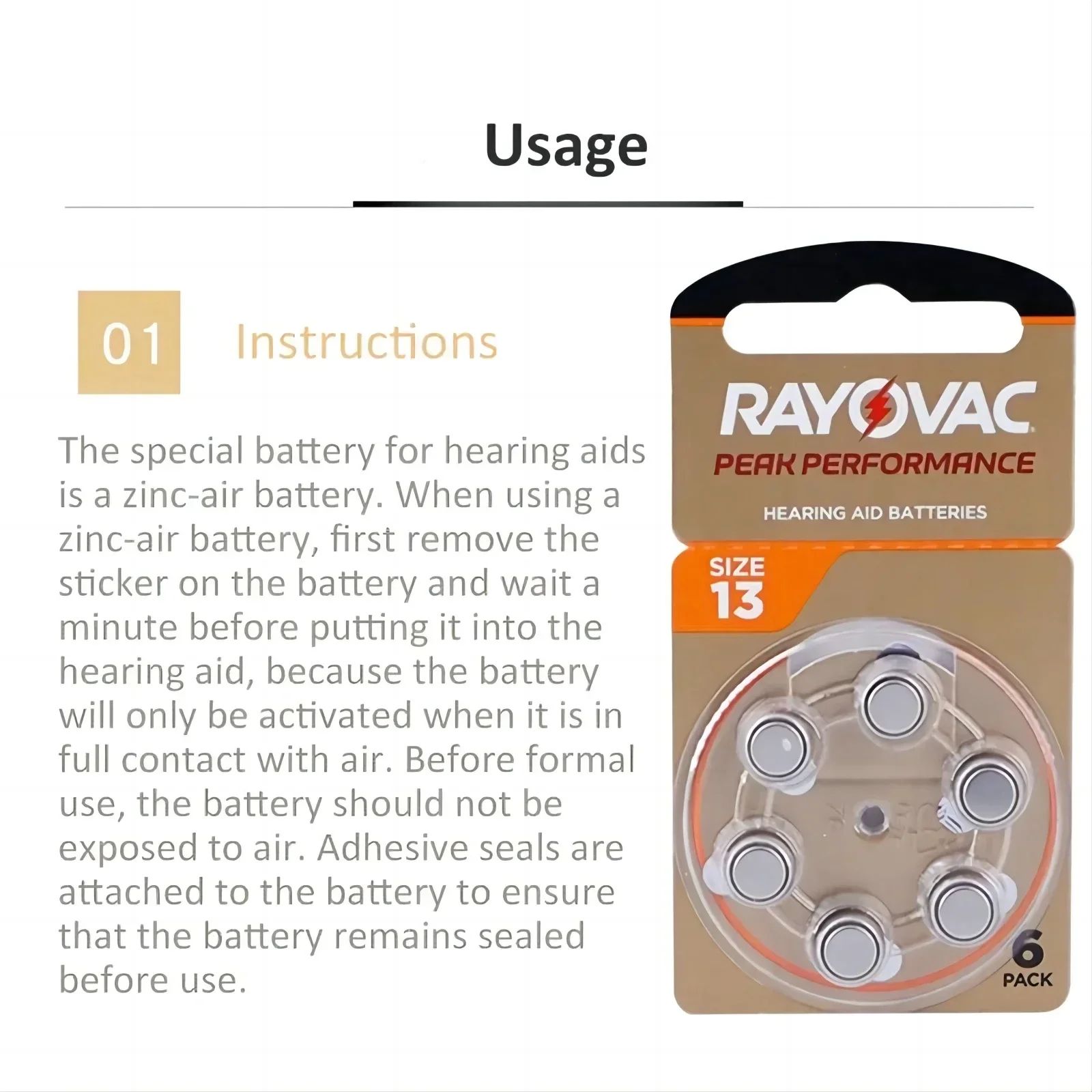 6-60 PCS A13 Hearing Aid Batteries Zinc Air Rayovac Peak Size 13A 13 P13 PR48 Hearing Aid Battery For BTE CIC RIC OE Hearing Aid