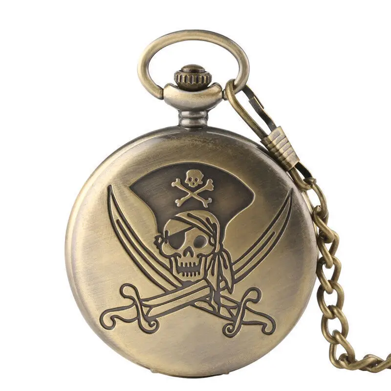 

Vintage Style Pirate Skull Bronze Men Japan Quartz Movement Pocket Watch FOB Chain Gift