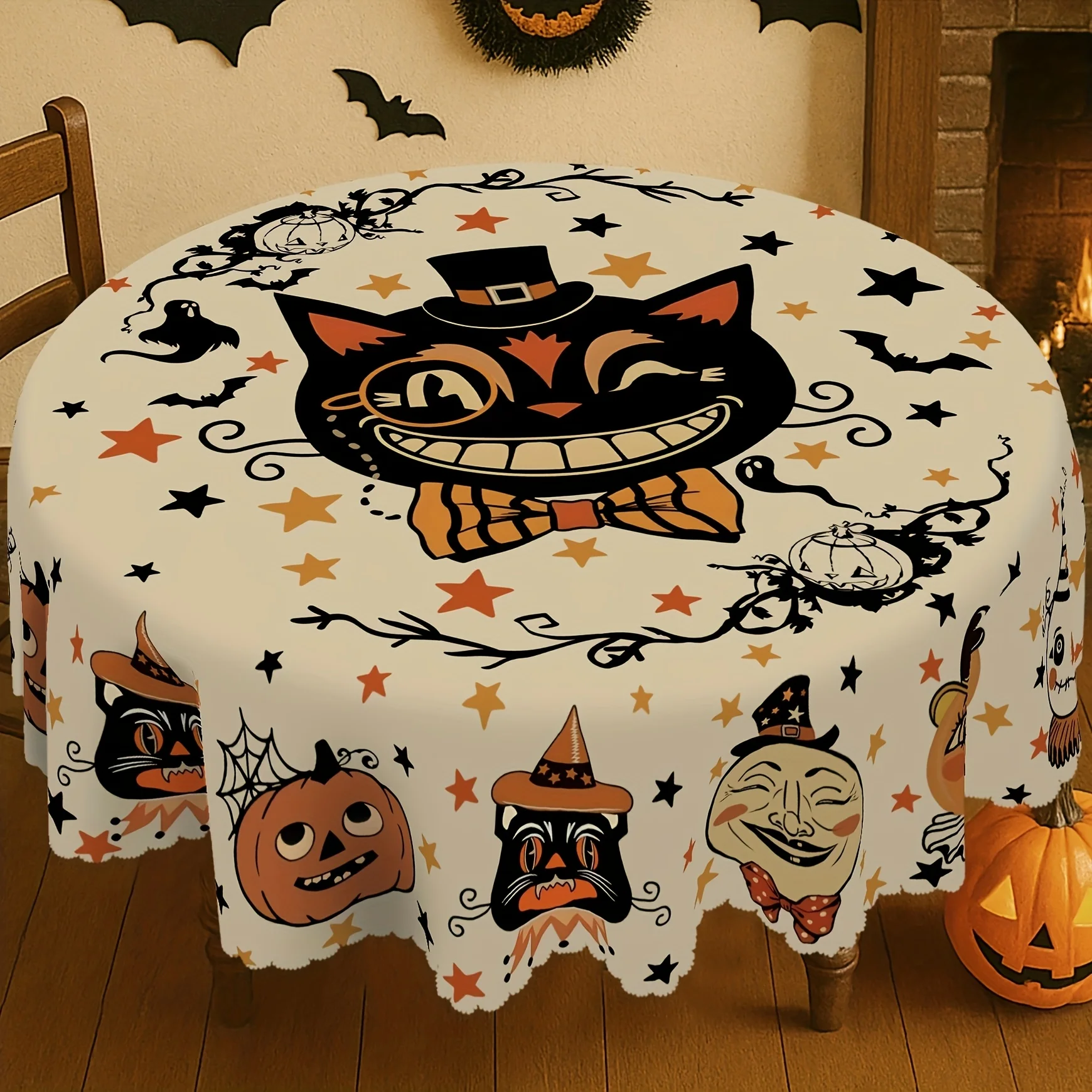 Spooky Halloween Tablecloth Polyester Fall Party Decor Table Cover for Autumn Ghost Pumpkin Witch Cat Haunted Holiday Decoration