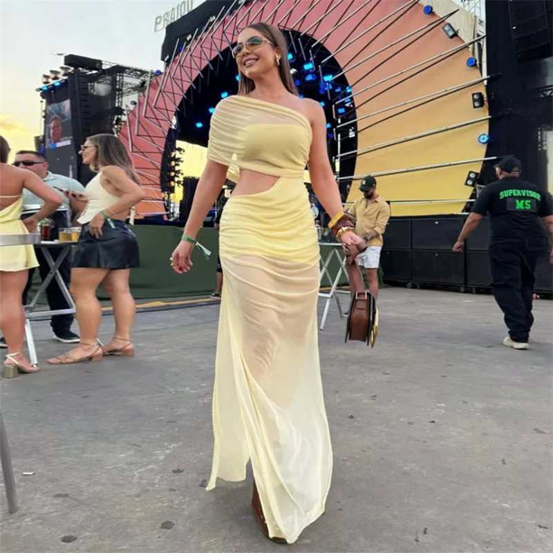 Vestido largo transparente de malla para mujer, vestido Sexy elegante con un hombro recortado y abertura alta, vestidos largos fruncidos para fiesta y Club nocturno