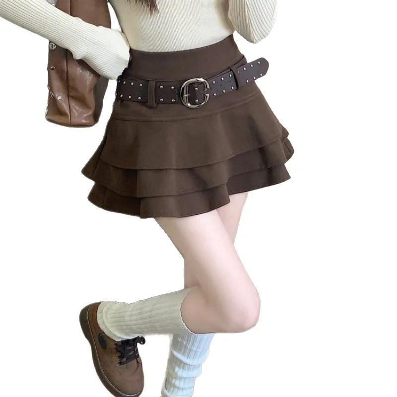 Falda de pastel de lana dulce para mujer, Falda corta plisada de cintura alta con volantes antideslumbrantes, corte en A, otoño e invierno