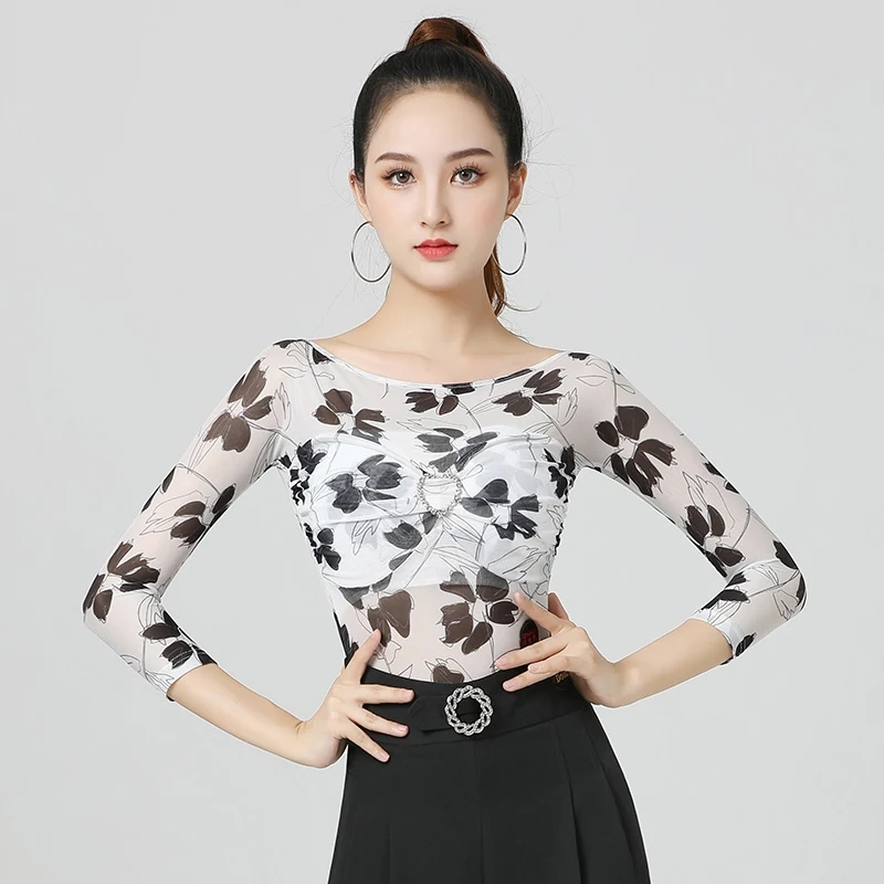 2025 Damen Modern Dance Top Print Diamantärmel Overall Chacha Rumba Tango Tanzkleid Latin Dance Kostüme Tragen DN 20792