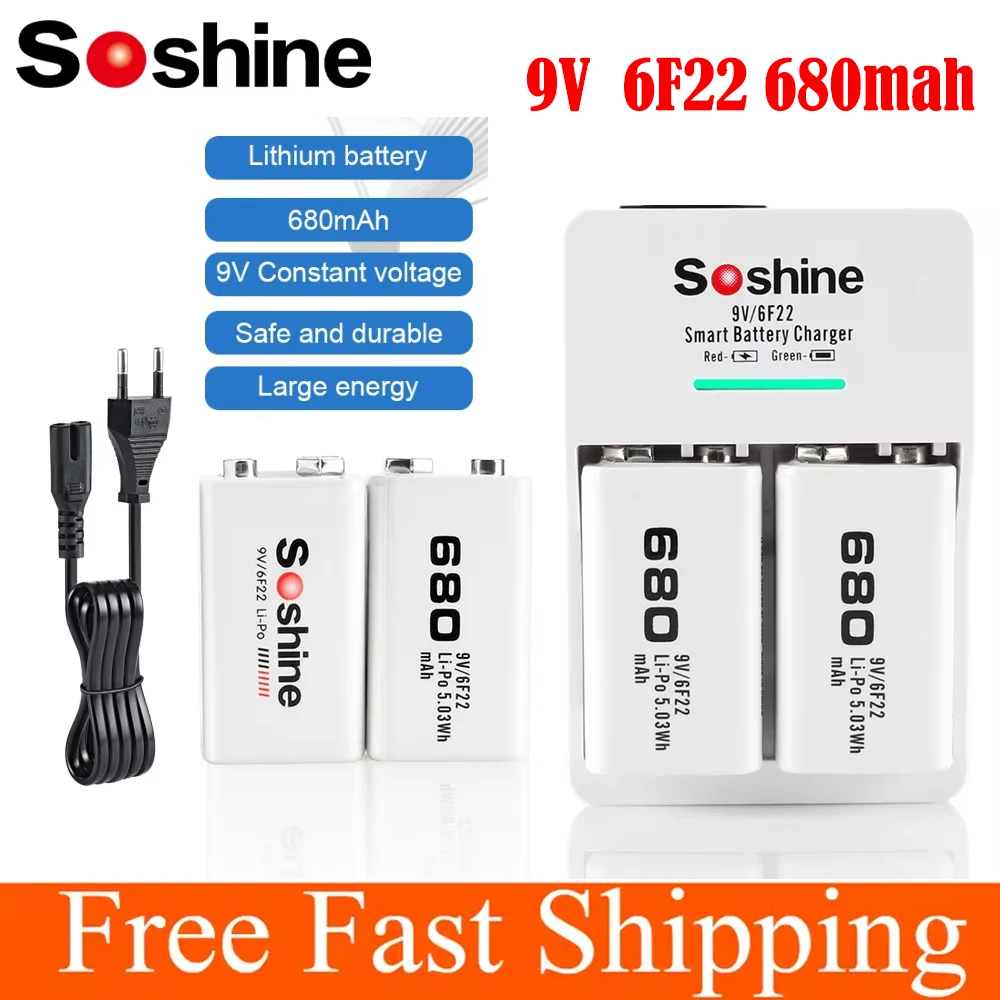 Soshine 9V 6F22 680mAh Rechargeable Battery and 2 Slots Smart EU US Batteries Charger Ni-MH Lithium LiFePO4 Batteries Charger