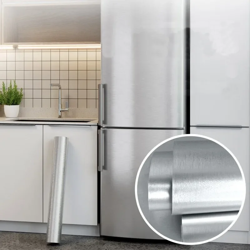 40cm Silver Brushed Stainless Steel Wall Sticker Waterproof Oil Resistant Self Adhesive Wallpaper for Kitchen Fridge Countertop