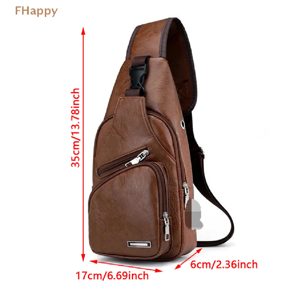 Bolso de pecho de cuero Pu para hombre, bolsa de hombro impermeable con carga USB, orificio para auriculares, Mensajero de moda para hombre