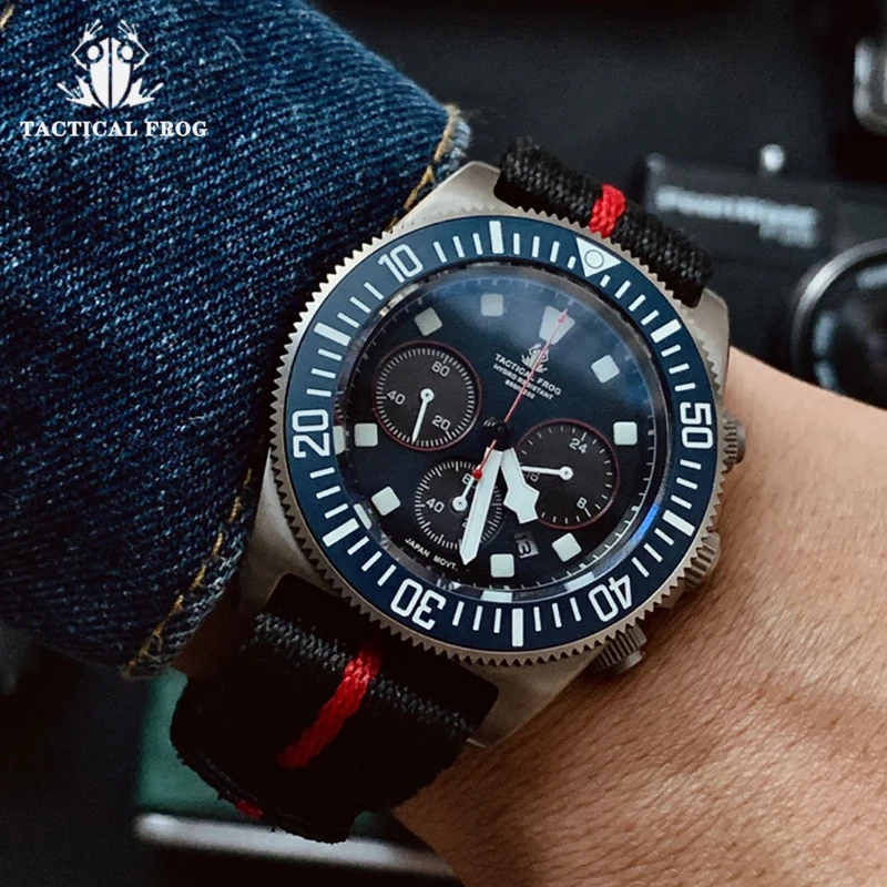 Reloj de buceo táctico Frog FXD2 de titanio para hombre, cronógrafo VS75B, movimiento de cuarzo con energía Solar, BGW9, superluminoso, 20ATM