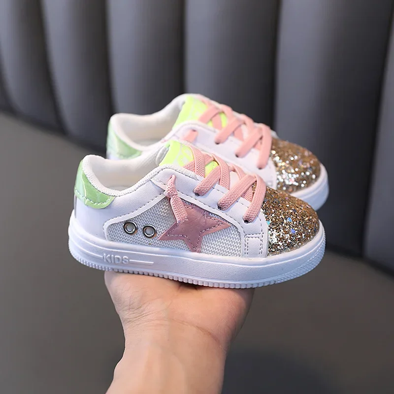 Кроссовки Детские Tênis Girls Sneakers Kids 2024Spring Bling New Fashion Sequins Sneakers Soft Soled Young Children Sports Shoe