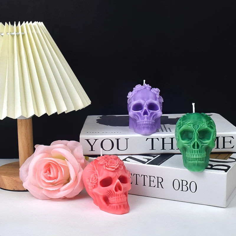 New Halloween Skull Silicone Candle Molds 3D Relief Flower Skull Crafts Resin Plaster Soap Making Mold Home Art Halloween Gift