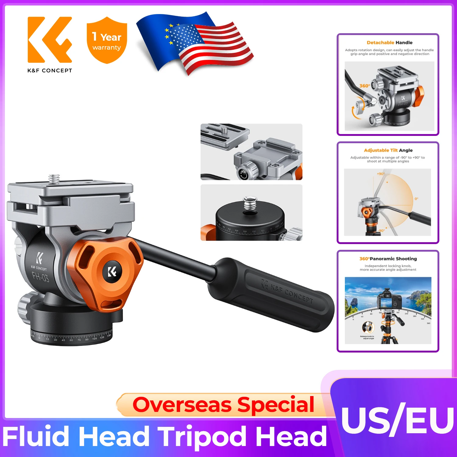 K&F Concept 11lb/5kg Load Tripod Fluid Head Video Head Silky-Smooth Stable Camera Fluid Heads for Nikon Canon Leica Sony Camera