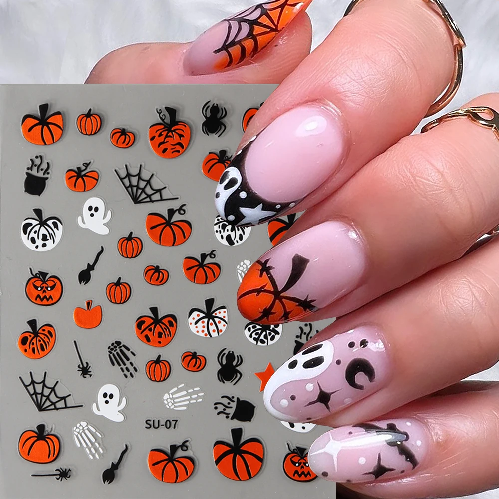 3D Pumpkin Nail Art Stickers Cute Ghosts Spider Web Bat Bones Decals Evil Pumpkin Halloween Charms Manicure Decor Wraps GLSU-07