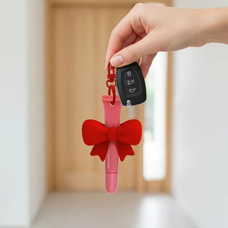 Silicone Bow Lipstick Holder With Keychain Easy To Carry Lip Gloss Protective Sleeve Lipstick Holder Bag Pendant