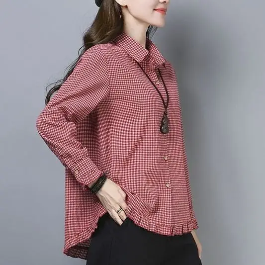 Primavera outono vintage xadrez impressão único breasted camisa casual feminino manga longa babados doce cardigan blusa roupas femininas