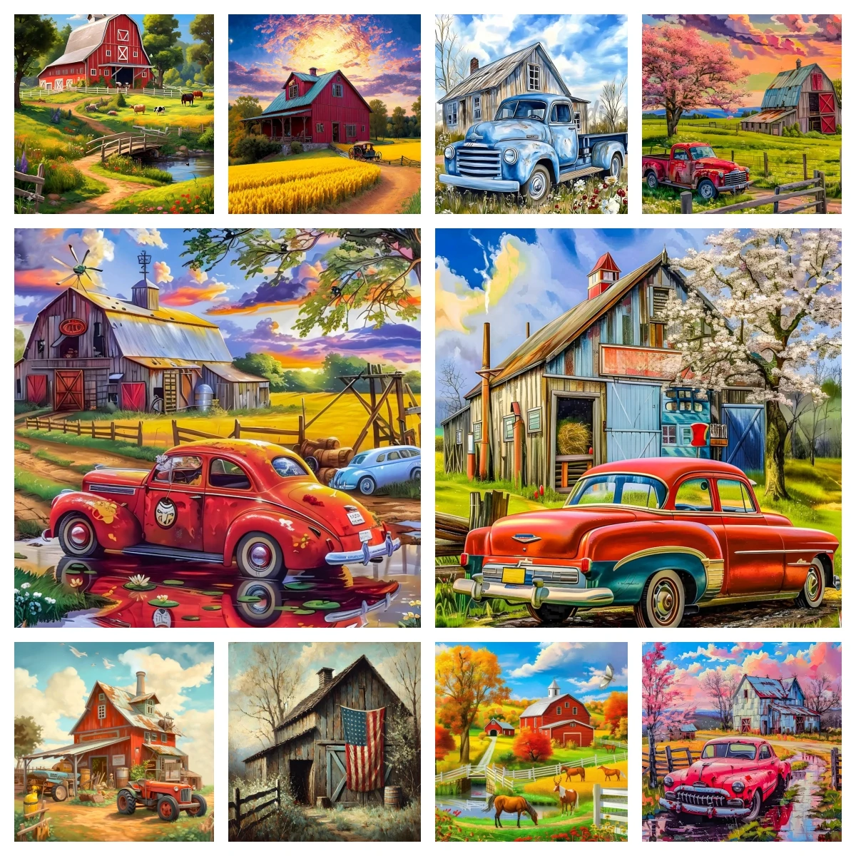 

5D DIY Diamond Painting Vintage Red Truck with Barn Full Round Diamond Embroidery Kits Rustic Winter Farm Scene Picture Decor