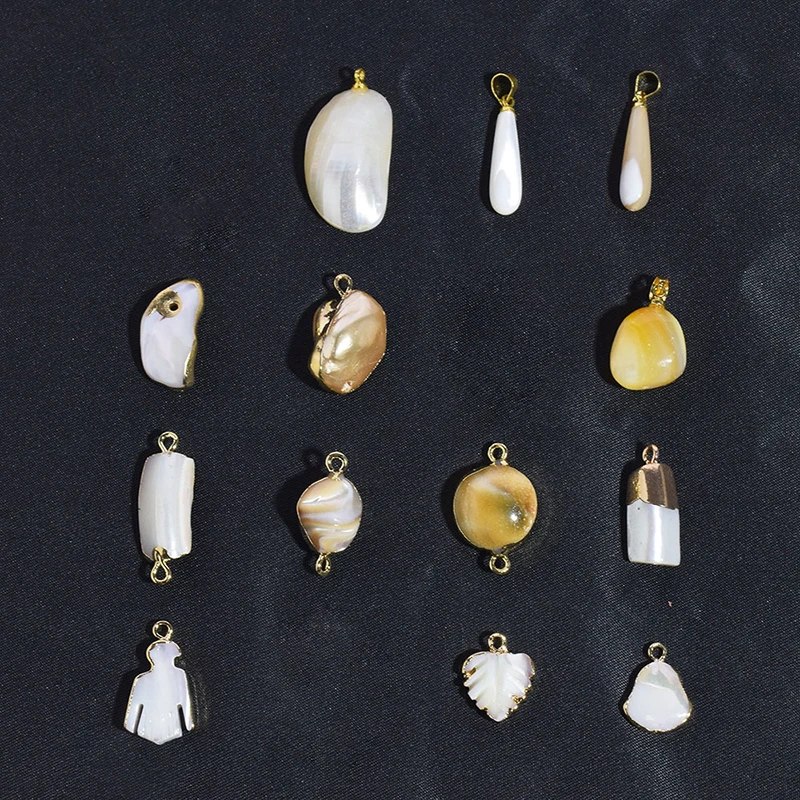 

10 шт./лот, аксессуары для ювелирных изделий, натуральная ракушка, одинарная подвеска с золотым краем, веер и подвески в виде карпа, подвеска в виде корпуса телефона для ожерелья