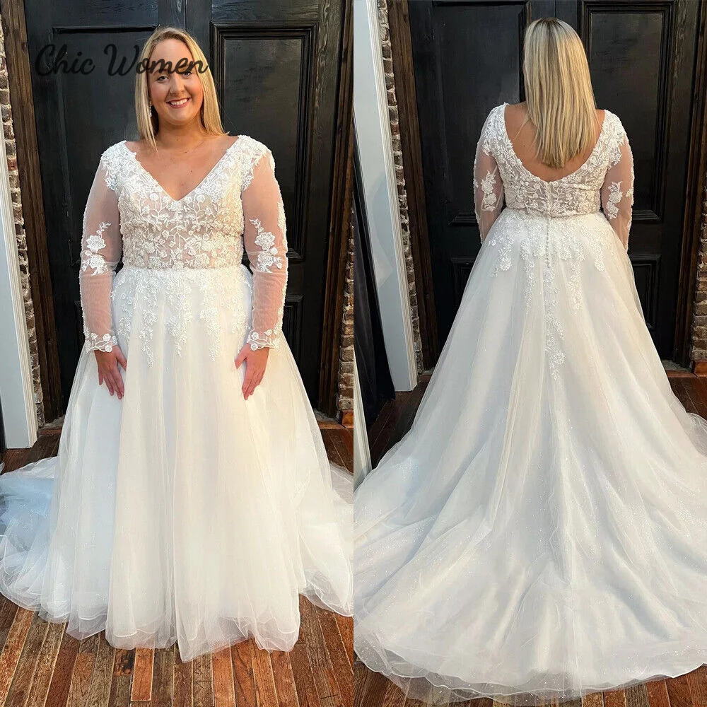 

Sparkle Plus Size Wedding Dress With Lace A Line Tulle Long Sleeve V Neck Backless Bridal Gown Elegant 2023 Garden Outdoor Bride