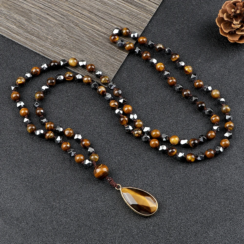 New Drop Pendant 108 Beads Necklace Irregular Hematite Tiger Eye Stone Health Protection Men Long Necklaces Women Yoga Jewelry