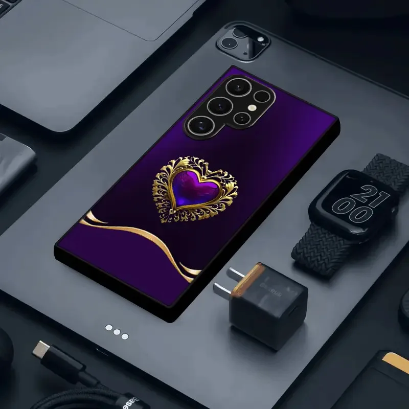 Deep purple heart-shaped tempered glass phone case suitable for Samsung Galaxy S26 S25 S24 S22 S21 S20 FE/Ultra/Plus shockproof