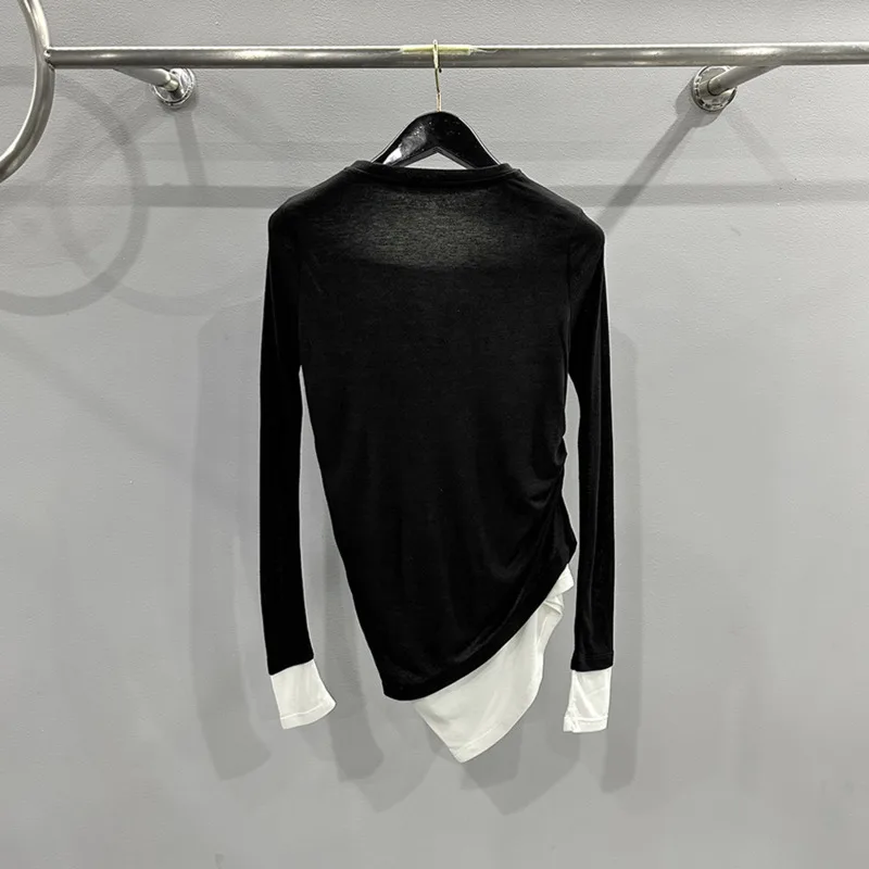 HKSH Spring Autumn New Women's T-shirt Fake Two-Piece O-neck Long Sleeve Color Block Asymmetric Knitted Tee Dark Y2K Top HK14989