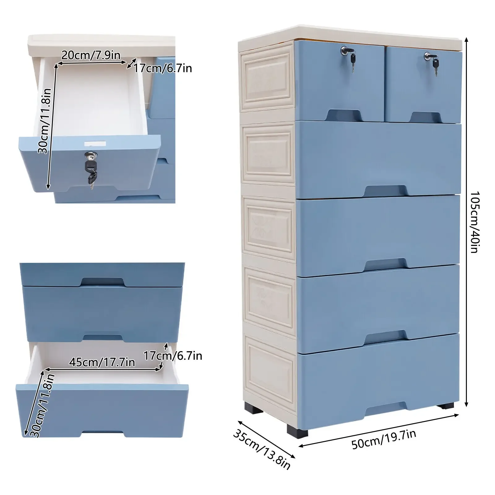 

Blue 6 Drawers Plastic Drawers Dresser Storage Cabinet Closet Organizer with 4 wheels Home Office Bedroom Living Room