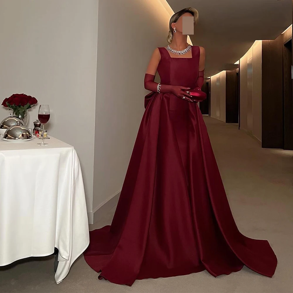 Burgundy Satin Evening Dresses for Women 2024 Square Collar Tank Elegant Evening Gowns Long A Line Big Bow Luxury Prom Dress