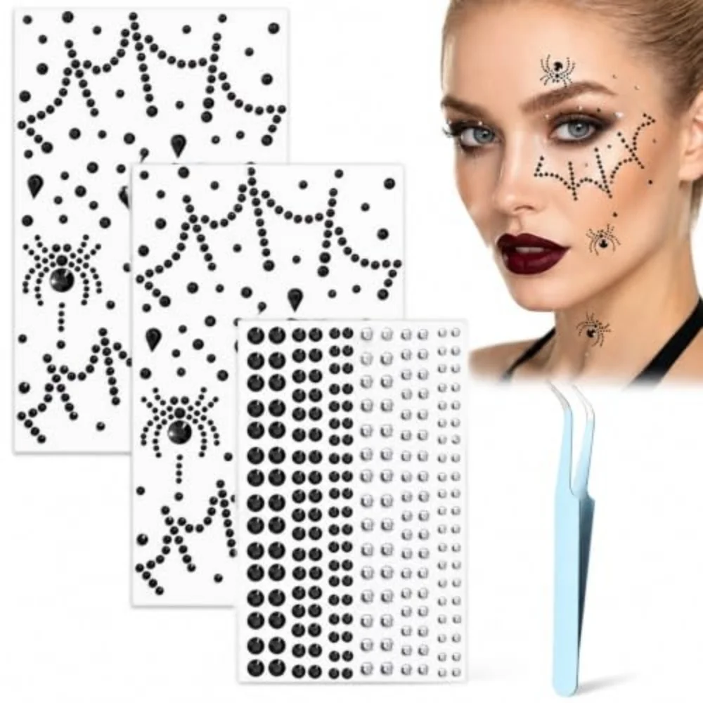 Spider Face Jewels 3D Spider Web Face Gems Stick‑On Rhinestone Stickers with Tweezers for Halloween Party Cosplay Makeup