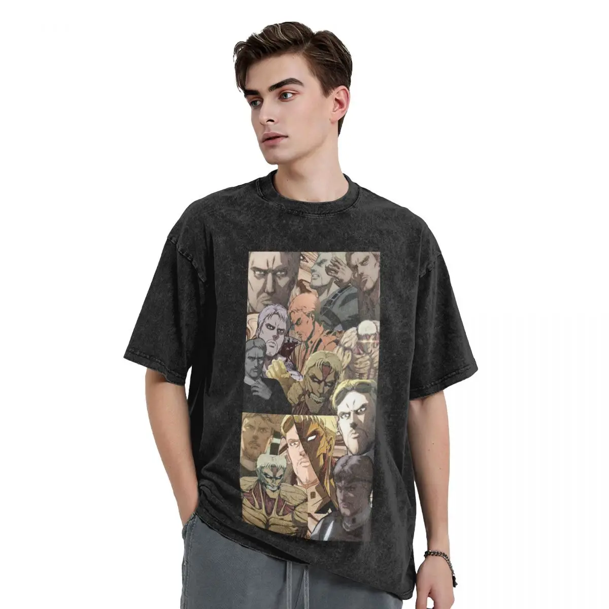 Anime Attack On Titan Reiner Braun Washed T Shirts Vintage Short Sleeve Hip Hop T-Shirt Streetwear Tops Tees for Men Women