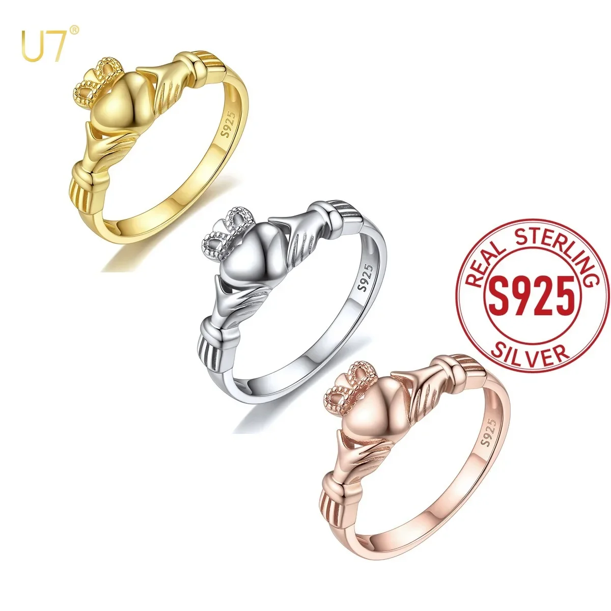 

U7 925 Sterling Silver Claddagh Ring for Woman Celtic Knot Eternity Romantic Promise Anniversary Wedding Ring Size 4 -12 Gift