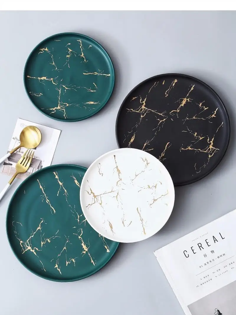 Nordic Matte White Black Green Glaze Gold Disc Marble Ceramic Plate Household Microwave Restaurant Dinner Plates