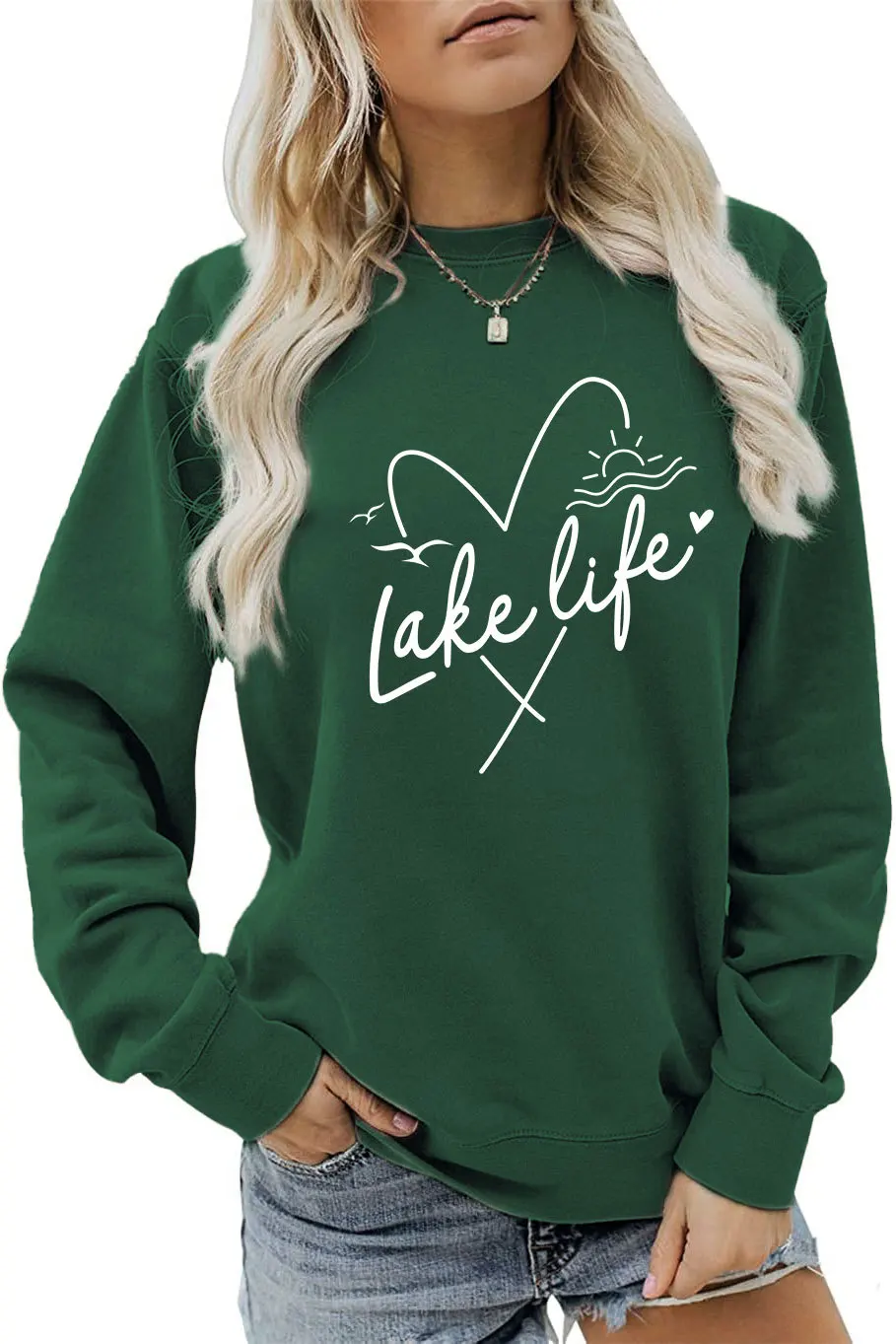 Autumn crew-neck casual T-shirt hoodie LAKE LIFE print new loose long-sleeved top all match women's fashion pullover