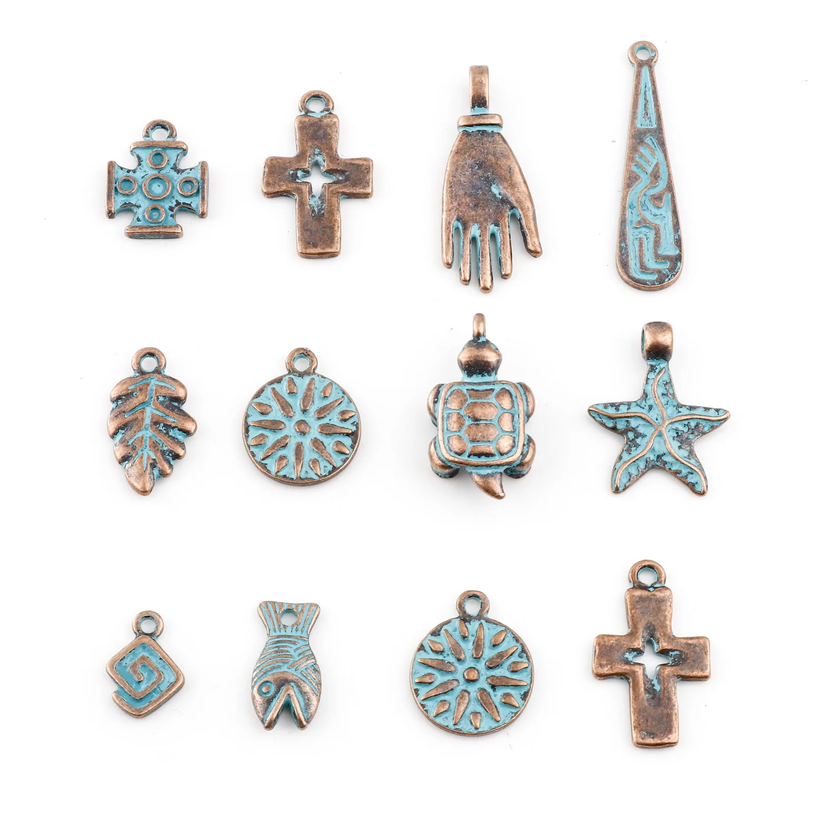 20PCs Vintage Bohemian Patina Charms Antique Copper Geometric Leaf Round Fish Metal Pendant DIY Making Necklace Earrings Jewelry