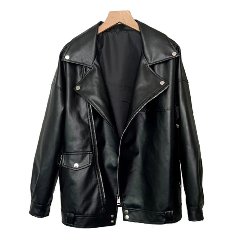 2025 abrigo de cuero suelto de ocio para las cuatro estaciones, chaqueta holgada de cuero PU a la moda para mujer, chaqueta estilo cremallera, Top Otoño Invierno