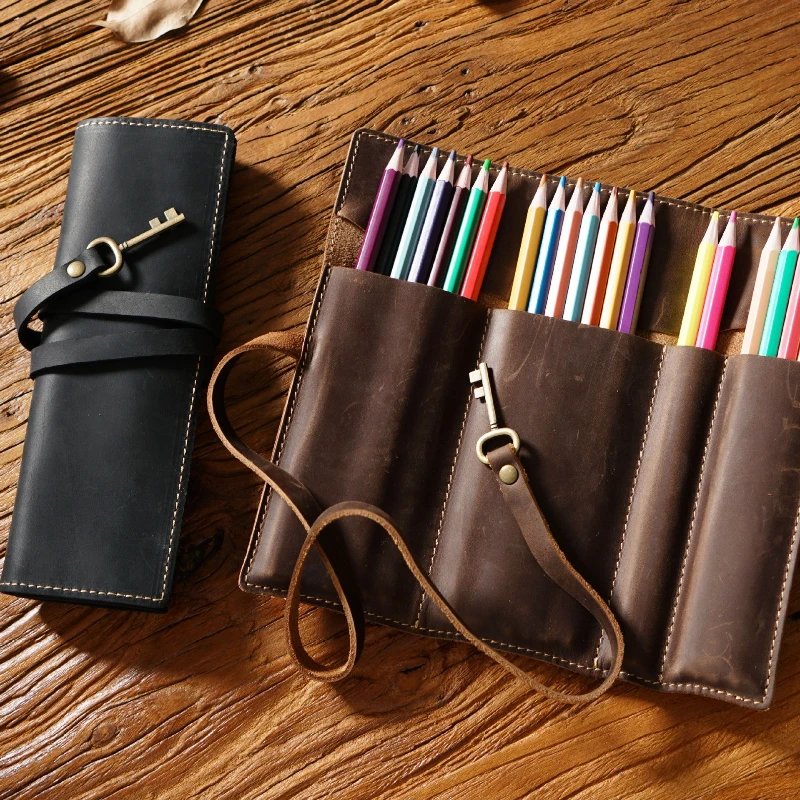 Vintage PU Leather Pencil Case-Multi-Compartment Organizer With Elastic Closure, Key Loop & Wrist Strap For Office