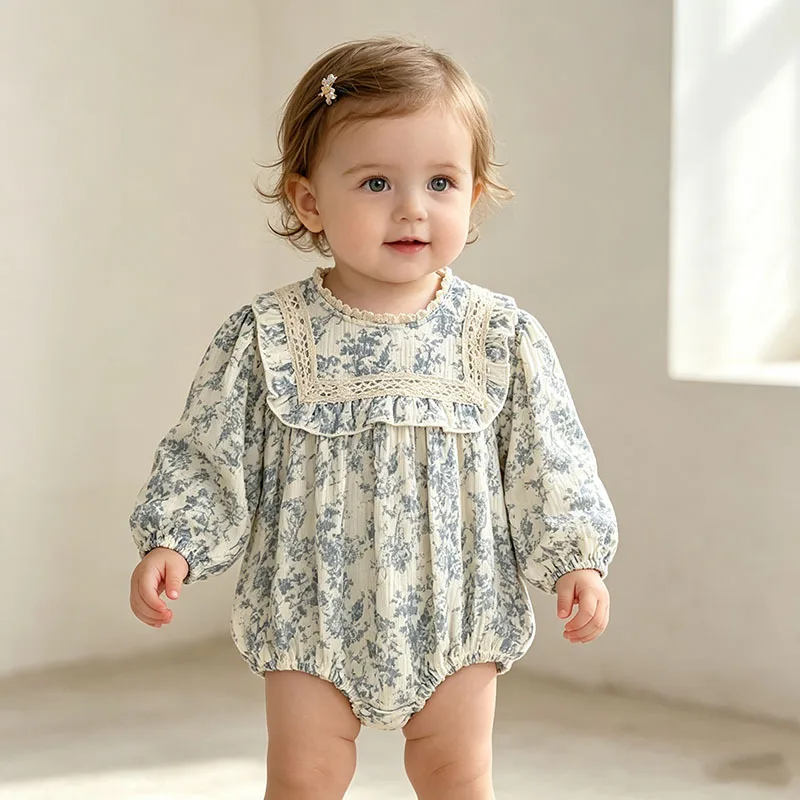 Baby Girl Floral Romper Long Puff Sleeve Lace Square Collar Gauze Bodysuit Newborn Infant Spring Autumn Jumpsuit Outfit 0-24M