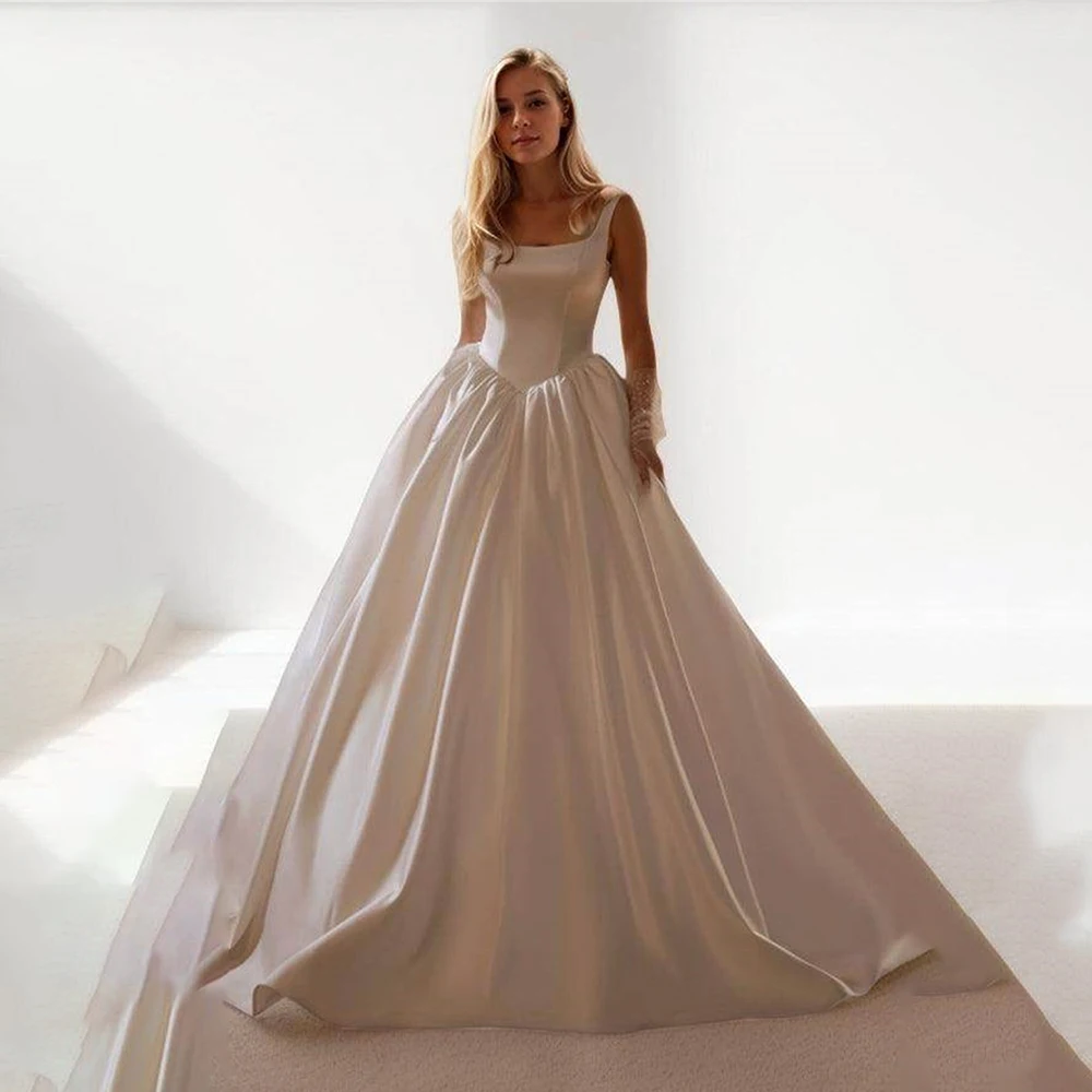

2026 Elegant Square Neck Sleeveless A Line Wedding Dresses Pleated Floor Length Bride Gowns White Formal Bridal Dress for Women