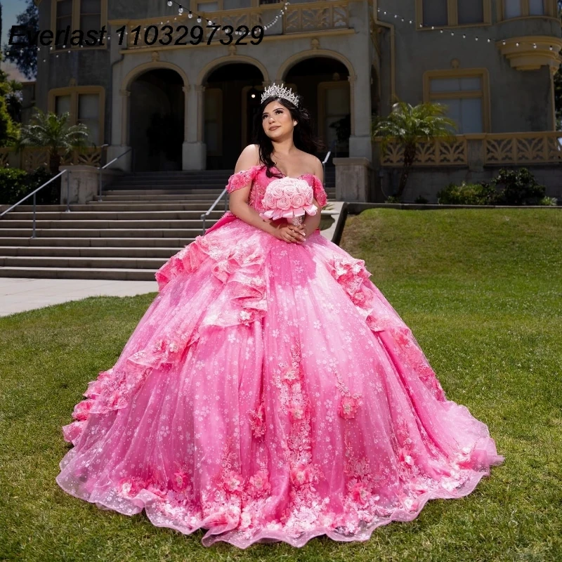 EVLAST Rose Pink Quinceanera Dress Ball Gown 3D Floral Applique Beaded Bow Corset Tiered Sweet 16 Vestidos De 15 Años TQD858