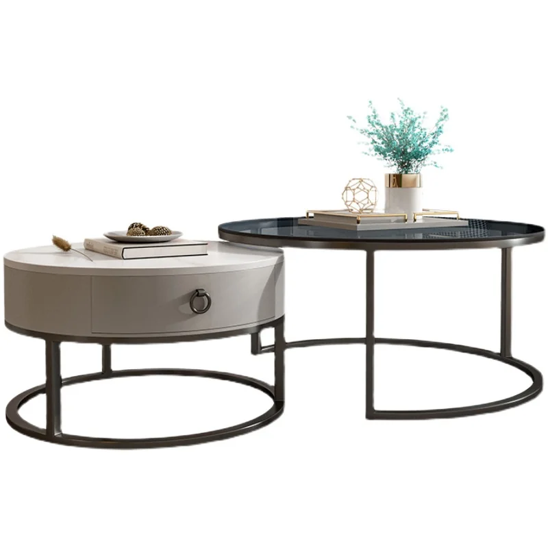 

Modern Light Luxury Small Family Living Room Movable Round Glass Rock Plate Coffee Table