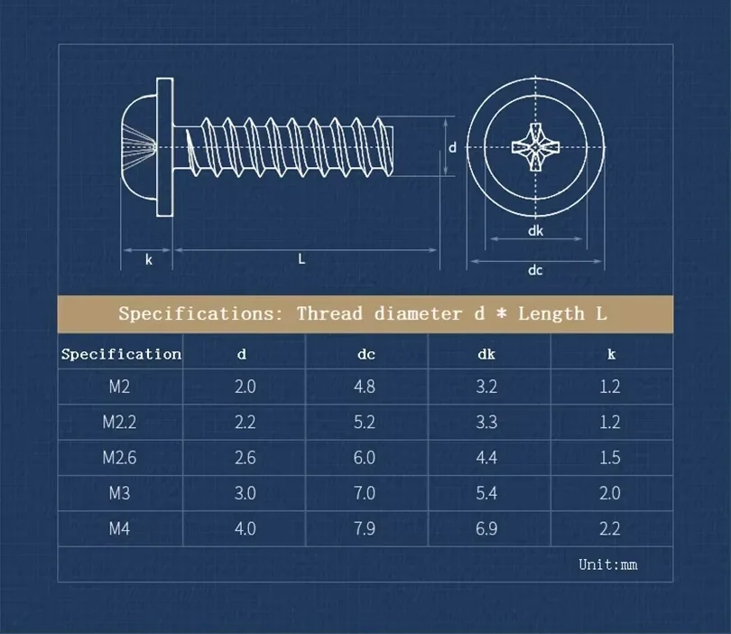 M1.7 M2 M2.2 M2.6 M3 M3.5 M4 304 Stainless Steel Cross Round Head With Gasket Flat Tail Self Tapping Screw