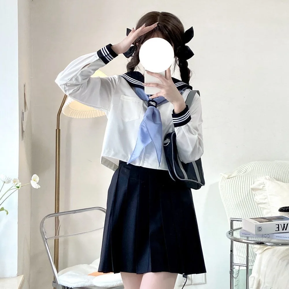 Japanese School Uniform Girls Plus Size Jk Suit Ribbon Black Three Basic Sailor Uniform Women Long Sleeve Suit Can Be Wholesal