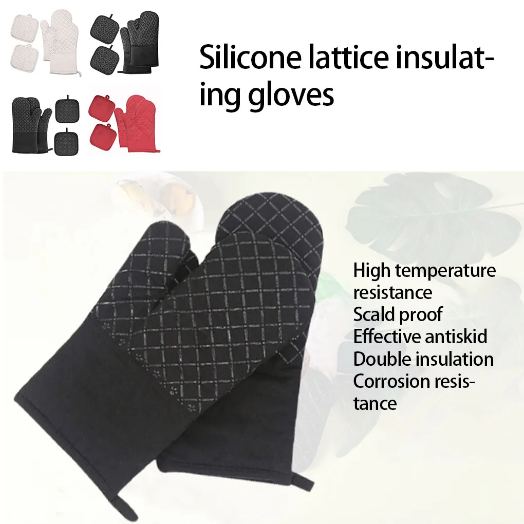 4 Pieces/Set Oven Silicone Gloves Baking Barbeque Mittens Thermal Insulative Microwave Ovens Mitts Kitchen Accessories  Red Grid