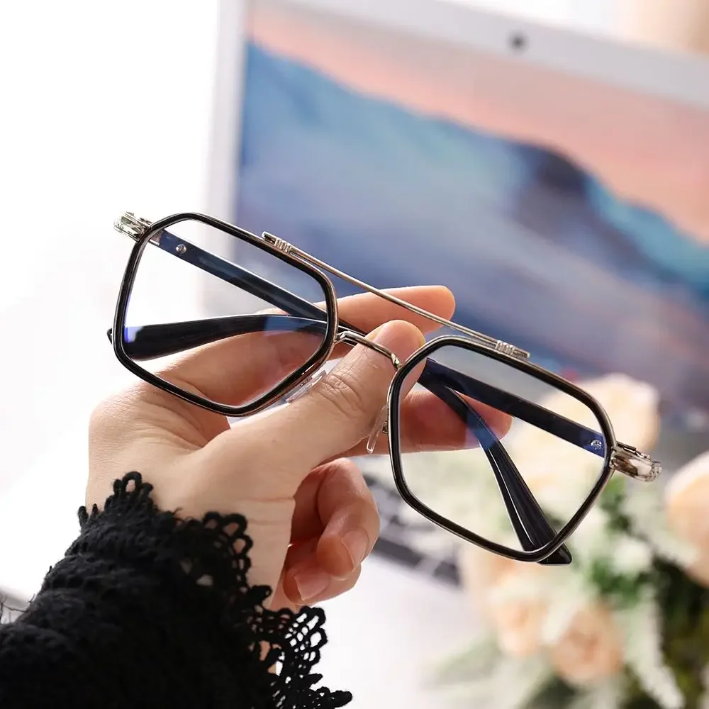 Glasses Reduces Eye Strain Double frame UV Protection Polygon Reading Glasses Eyeglasses Anti Blue Light Flat Mirror Eyewear