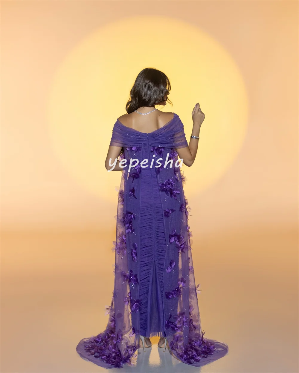 Customized Sparkle Fashion Tulle Handmade Flower Beading Sequined Straight Off-the-shoulder Midi Dresses Evening Dresses Retro