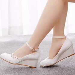 Women Office Lady Pumps Round Toe Lace Buckle Strap PU 5CM Wedges Lady Wedding Japanese Style Women Shoes White Party Prom