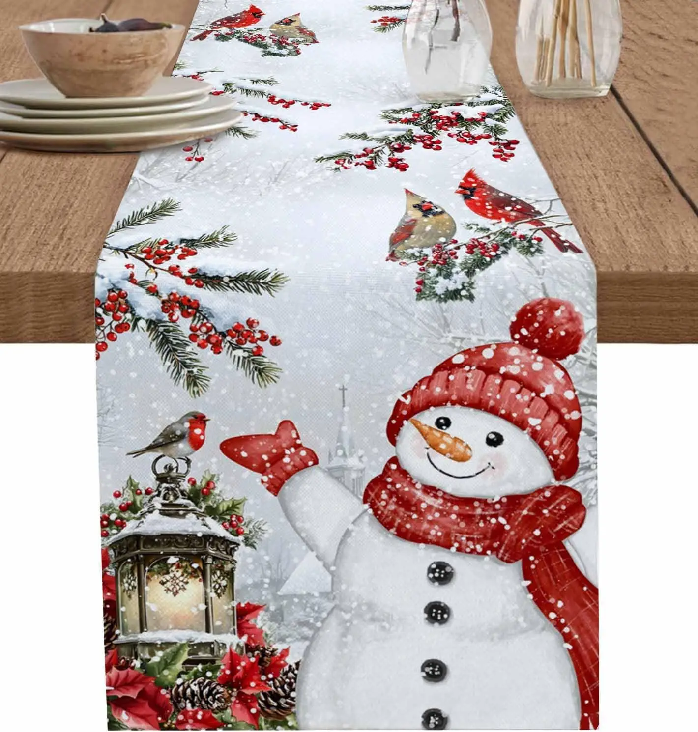 Christmas Snowman Berry Linen Table Runner Party Decor Reusable Winter Xmas Kitchen Dining Table Runners Christmas Decorations