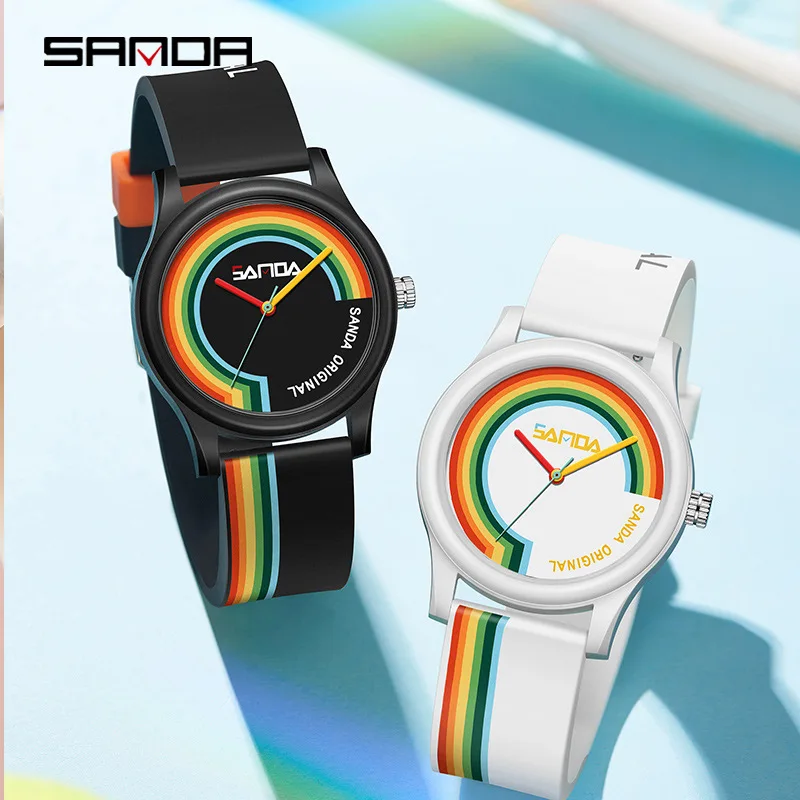 SANDA-reloj de cuarzo para estudiantes, cronógrafo de pulsera con correa de silicona, resistente al agua, creativo, arcoíris, regalo, 3219