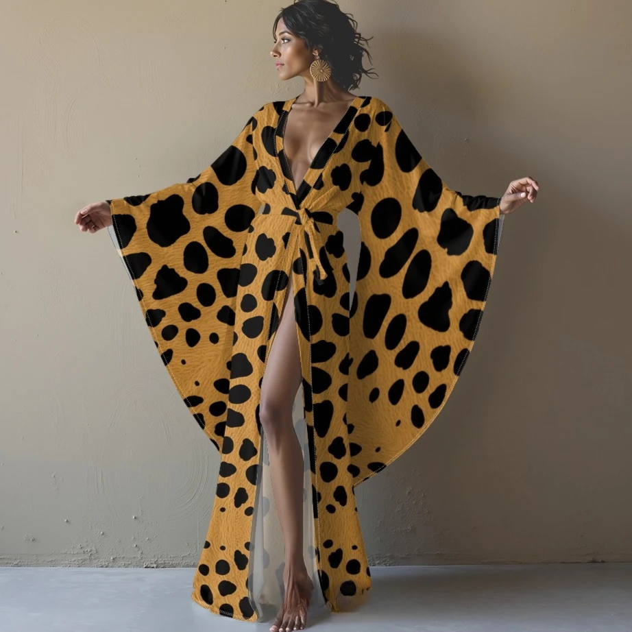 Vestido tipo kimono con estampado de leopardo para mujer, bata de manga larga, estilo ajustado, informal, Maxi, bohemio, elegante, para cubrir la playa, ropa de resort
