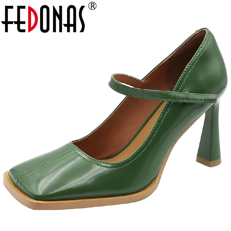 FEDONAS Spring Summer Elegant Fashion Women Pumps Square Toe High Heels Genuine Leather Mary Janes Shoes Woman Party Wedding