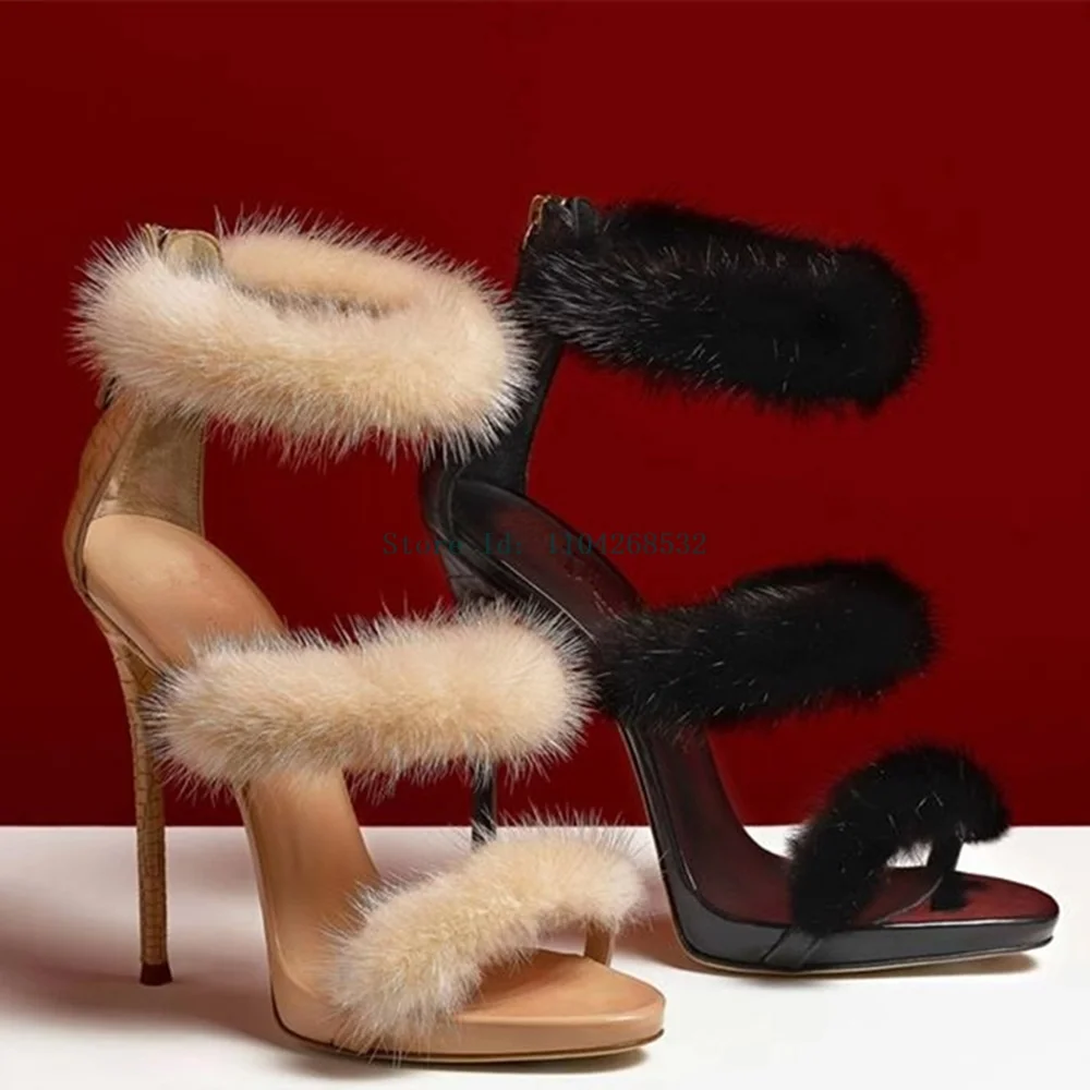 

Fur Zipper Stiletto Sandals Pointed Toe Platform Lady High Heels 2025 New Arrivals Sexy Fashion Sweet Style